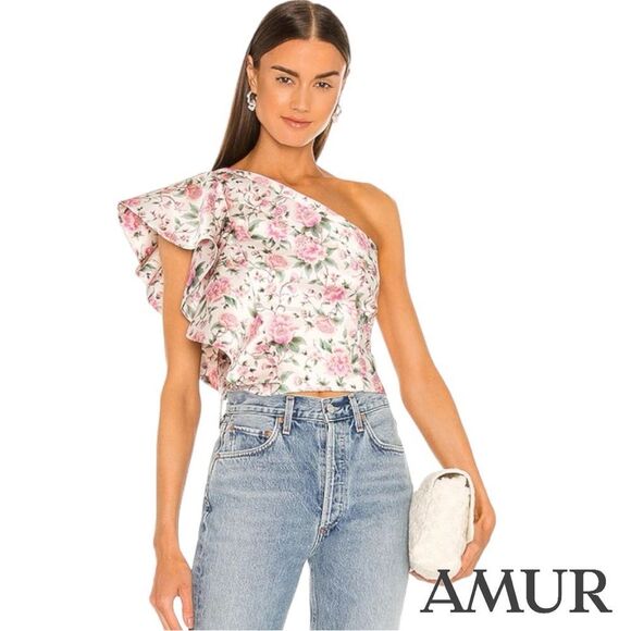 AMUR **NWT** Jasmine One-Shoulder Ruffle Top in Eggshell Pink Floral - Picture 1 of 14